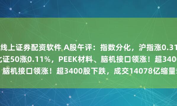 线上证券配资软件 A股午评：指数分化，沪指涨0.31%创业板指跌0.32%北证50涨0.11%，PEEK材料、脑机接口领涨！超3400股下跌，成交14078亿缩量578亿
